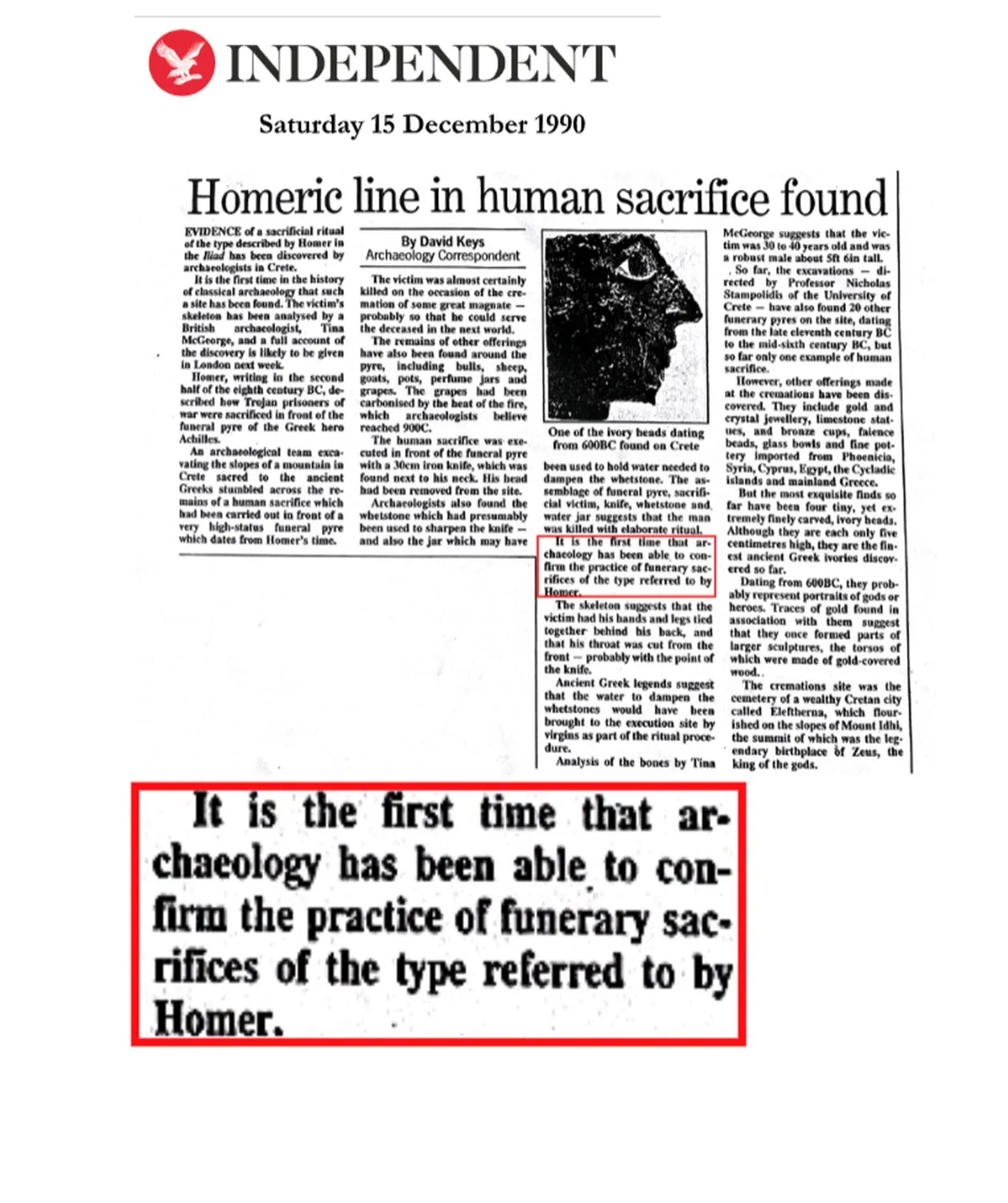 The Independent, 15 December 1990 — “Homeric Line in Human Sacrifice Found”